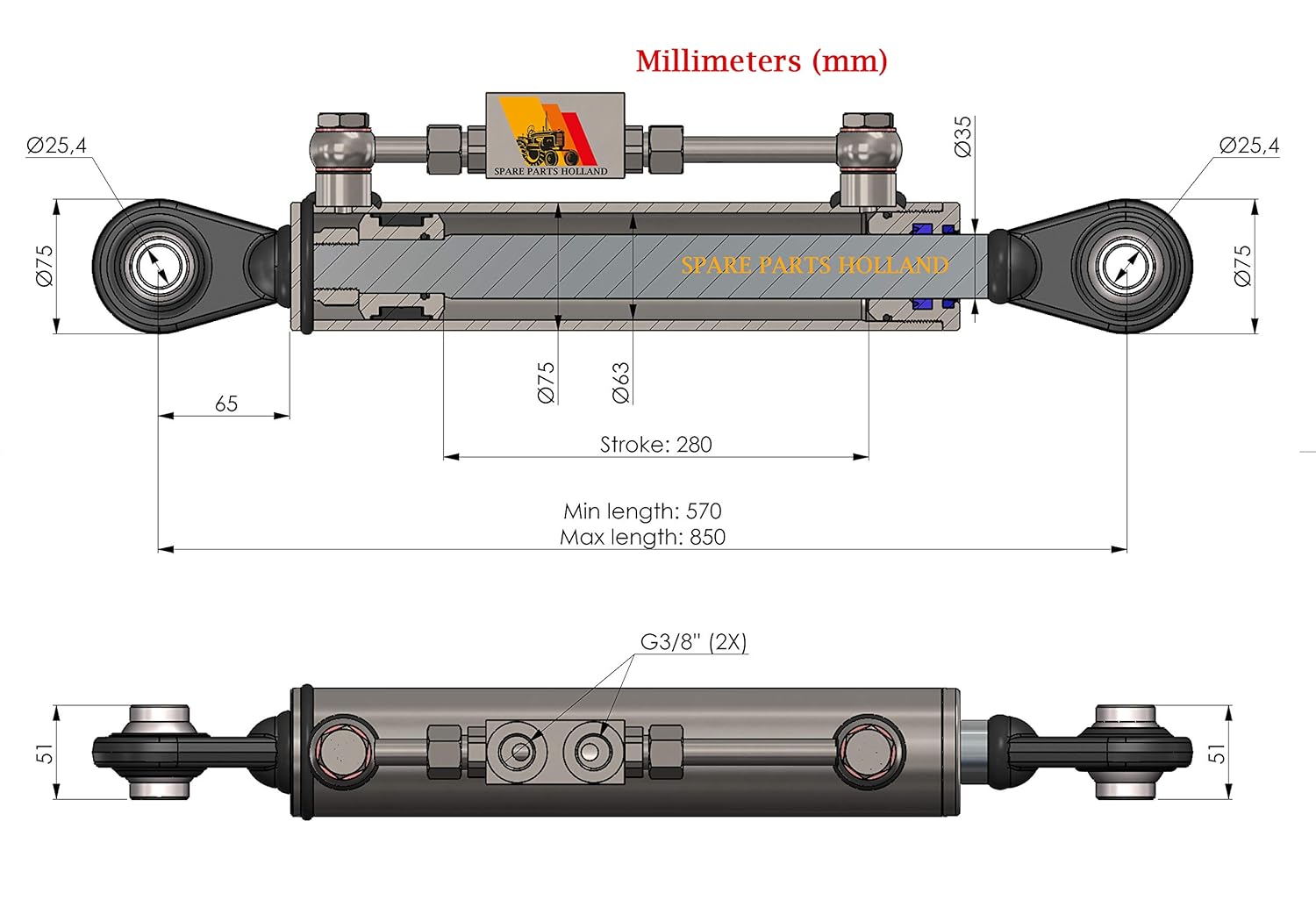Hydraulic Top Link Cat. 2-2 with Locking Block 22 3/8” - 33 1/2 with 2 x Hose