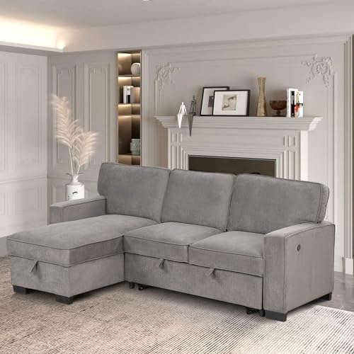 Convertible Sleeper Sofa 3 in 1, Chenille Modern L-Shaped Couches for Living Room, Pull Out Sectional Futon Sofa Bed with Storage Space, USB Ports and Cup Holders for Bedroom, Grey