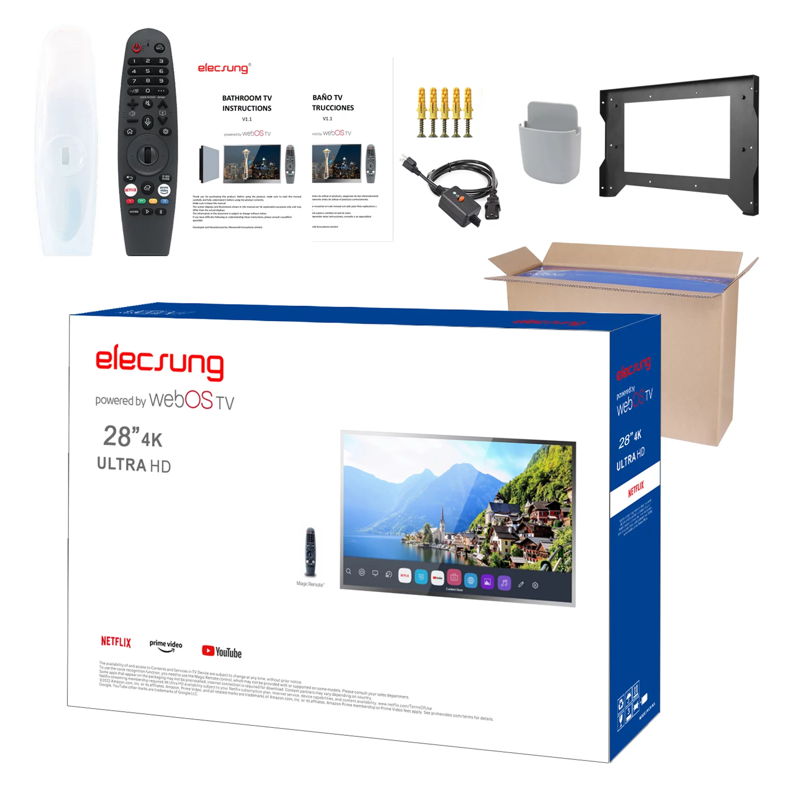 Elecsung 28 inches 4K LED TV webOS Smart Bathroom Waterproof Mirror IP65 SPA Hotel Television WiFi Voice Control ATSC