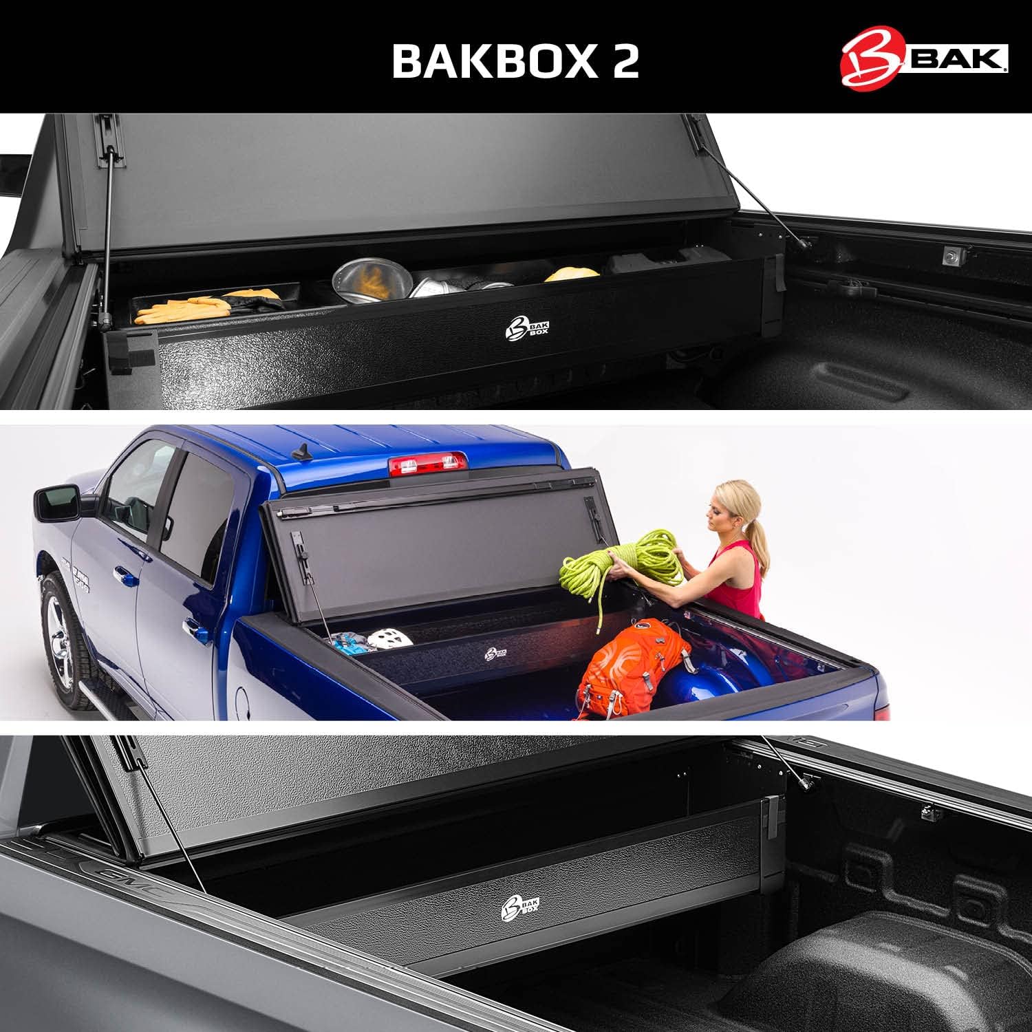 BAK BAKBox 2 Fold-Away Utility Box | 92120 | Fits 2014 - 2022 Chevy/GMC Silverado/Sierra (w/o CarbonPro Bed) 1500, 2015-21 2500/3500HD All Beds , Black