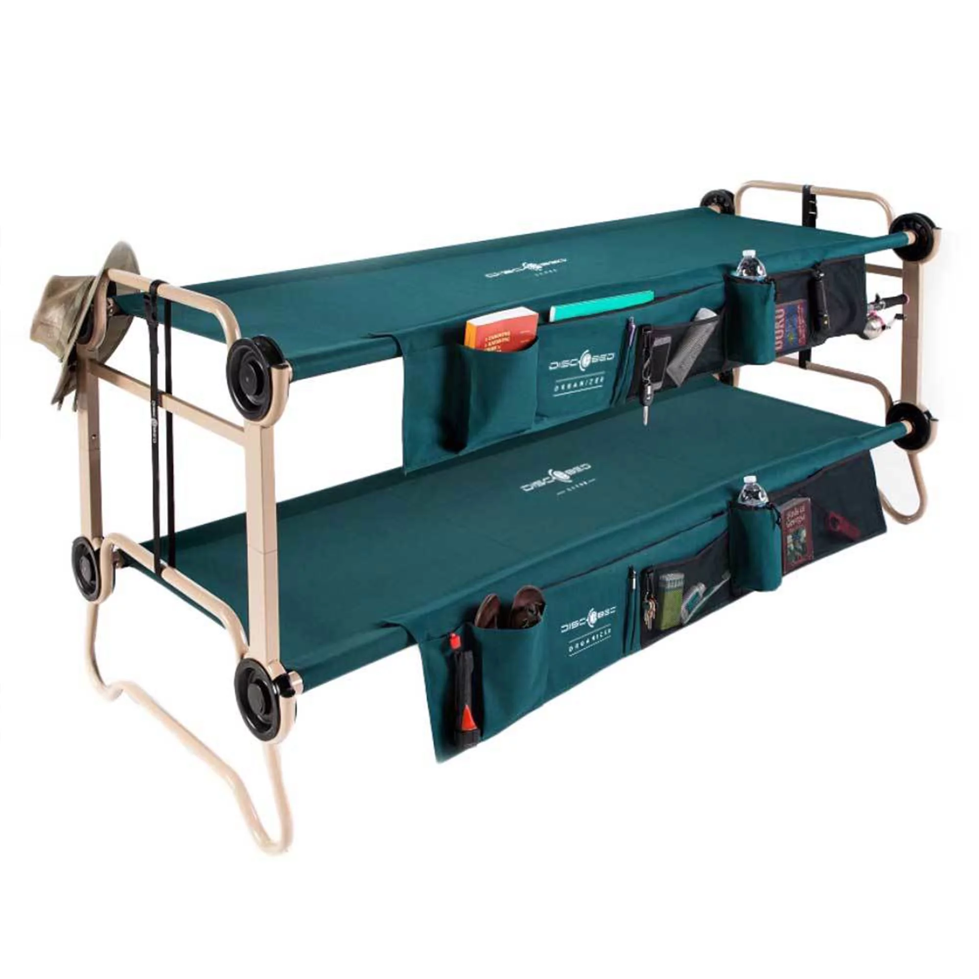 Disc-O-Bed Large Cam-O-Bunk Benchable Double Cot with Storage Organizers, Green