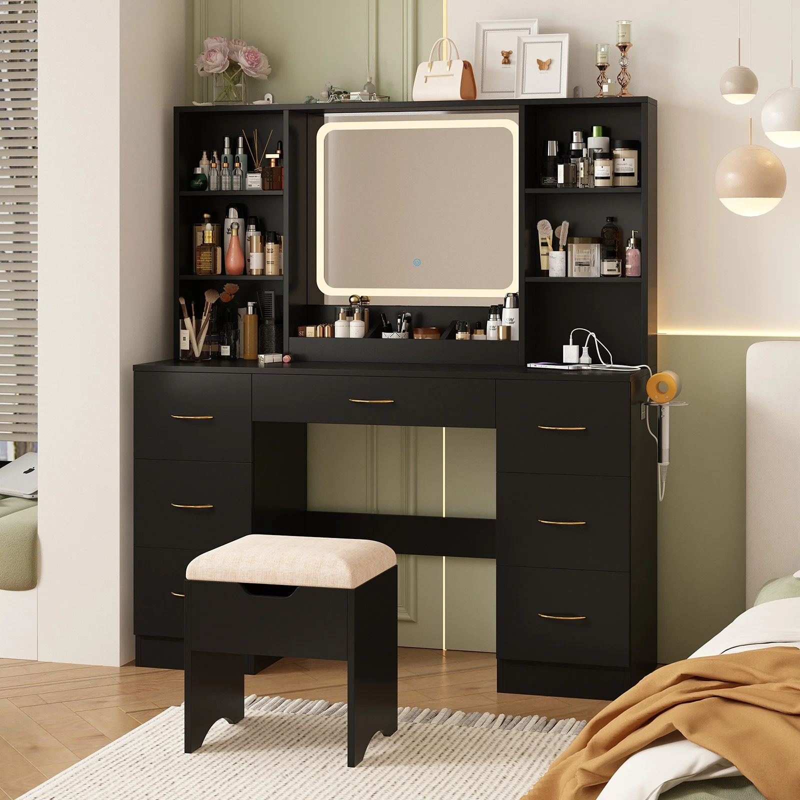 47" Large Vanity Desk with LED Lighted Mirror & Power Outlet & 7 Drawers, Makeup Vanity Table Set with Storage Stool and Hair Dryer Rack, Black