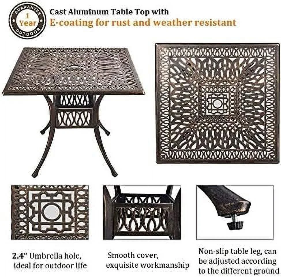 Haverchair 5 Piece Cast Aluminum Patio Dining Set Outdoor Furniture Set Patio Garden Set with 4 Dining Chairs with Red Cushion, 1 Patio Square Table, 2.2" Umbrella Hole Antique Bronze