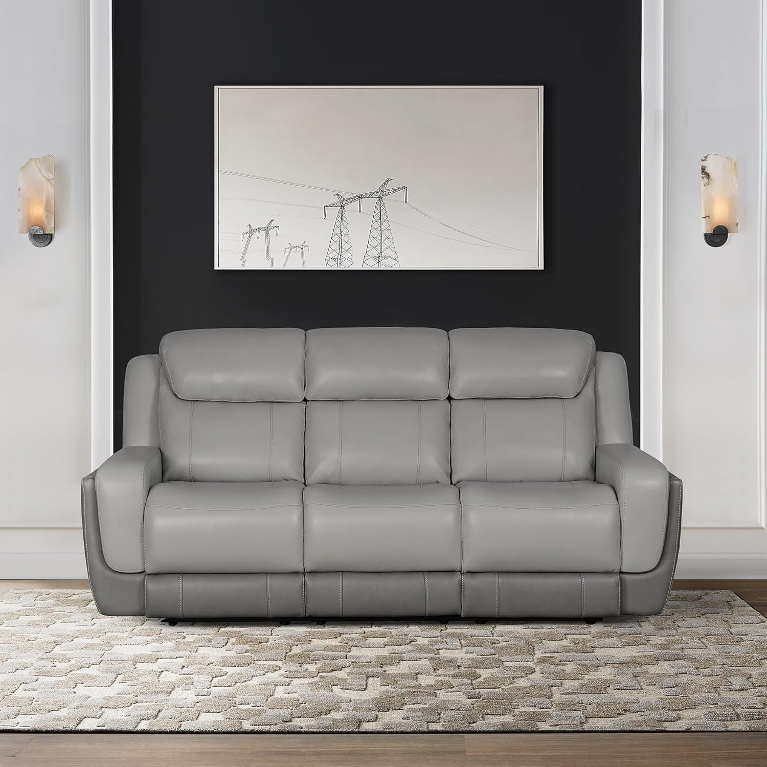 Armen Living Rosalyn Modern Zero Gravity Power Reclining Sofa with Dropdown Console, 87" Wide, Silver and Gray Top Grain Leather