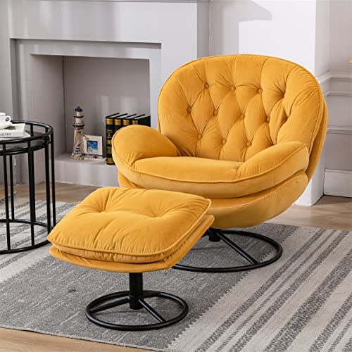 Velvet Swivel Accent Chair with Ottoman Set, Modern Lounge Chair with Footrest, Comfy Armchair with 360 Degree Swiveling for Living Room, Bedroom, Reading Room, Home Office, Metal Base Frame, Purple