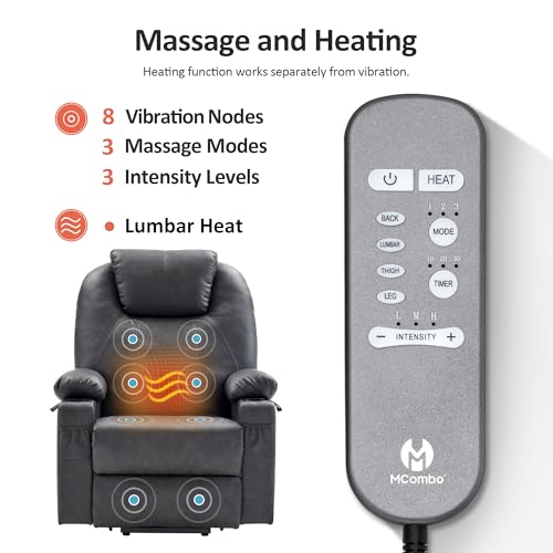 MCombo Power Lift Recliner Chair for Elderly, Lift Chair with Heat and Massage, FSC Certified, USB Ports, Cup Holders, Faux Leather 7040 (Black, Medium)