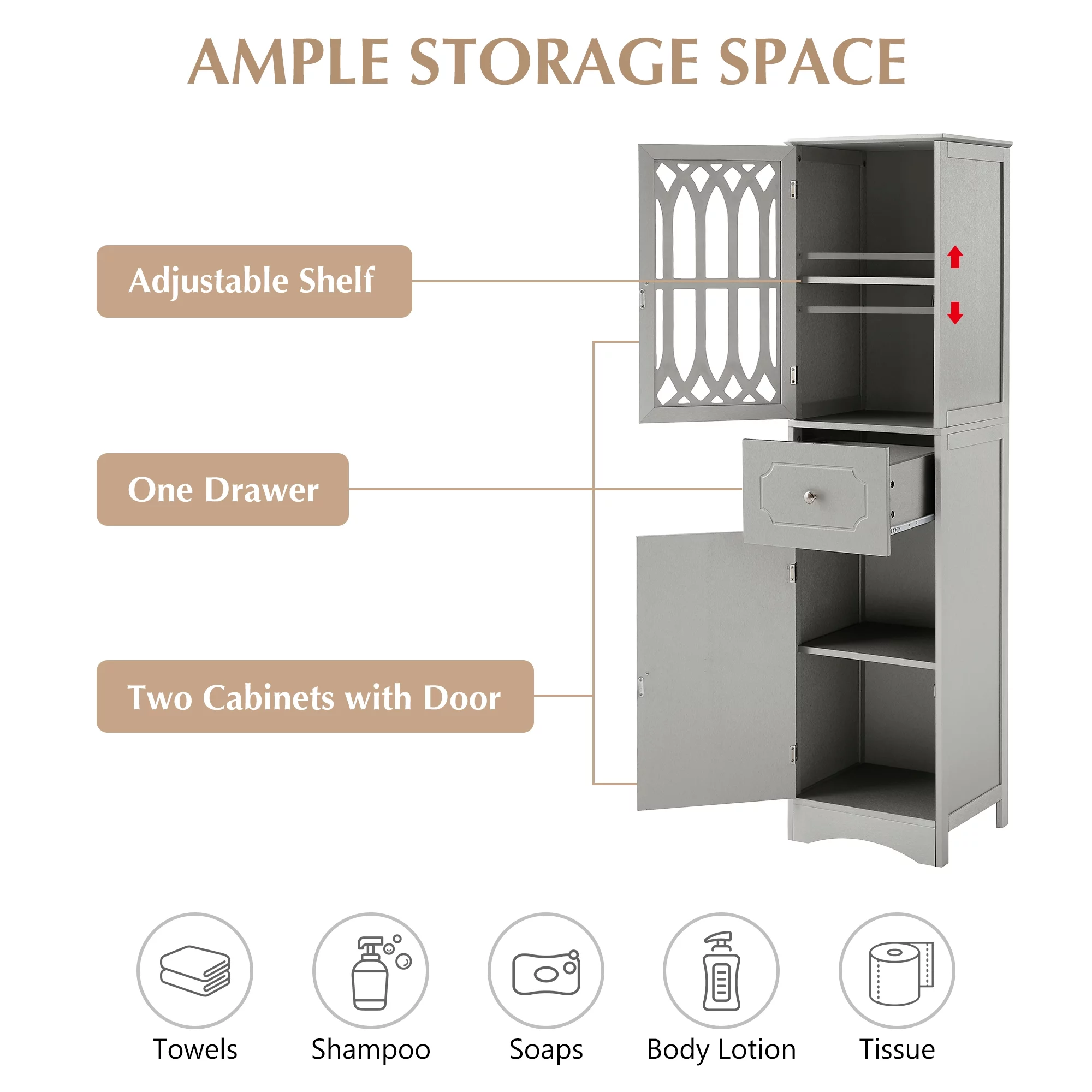 Modern Tall Bathroom Storage Cabinet with Doors Drawers, Wood Floor Freestanding Organizer for Bedroom Living Room