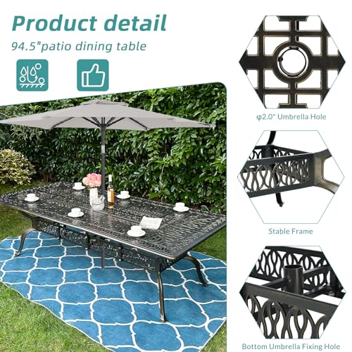 MEETWARM Outdoor 60" Rectangular Patio Dining Table, All Weather Cast Aluminum Large Patio Furniture Table Fits for 6-8 Person with 2" Umbrella Hole, Dark Bronze