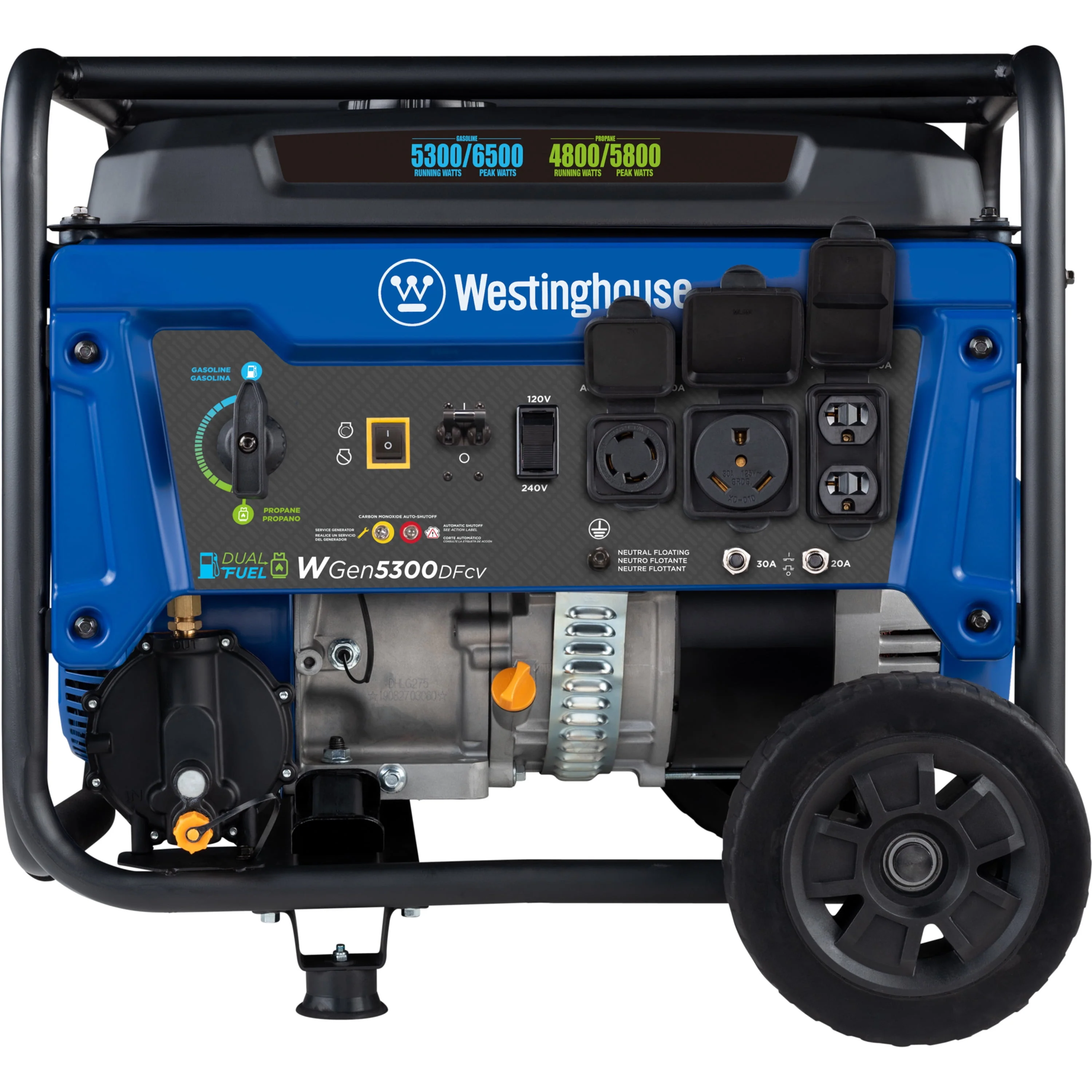 Westinghouse 6500 Peak Watt Home Backup Dual Fuel Portable Generator with CO Sensor and Wheel Kit