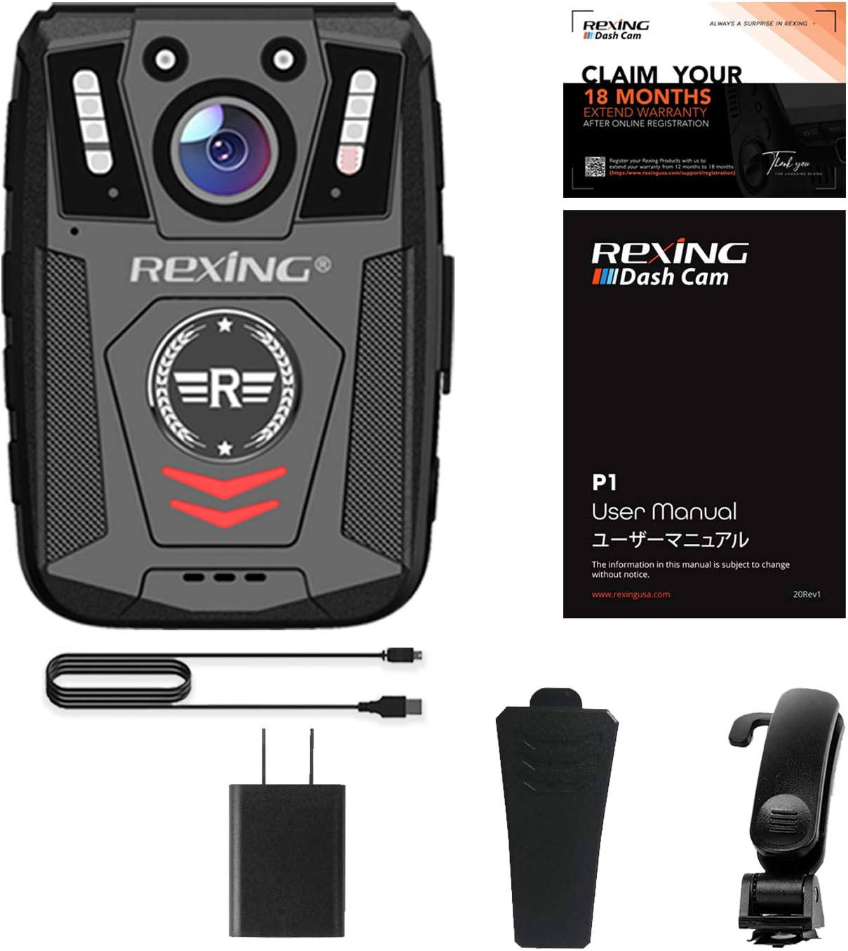Rexing P1 Body Worn Camera, 2” Display 1080p Full HD, 64G Memory,Record Video, Audio & Pictures,Infrared Night Vision,Police Panic Mode, 3000 mAh Battery,10HR Battery Life,Waterproof,Shockproof