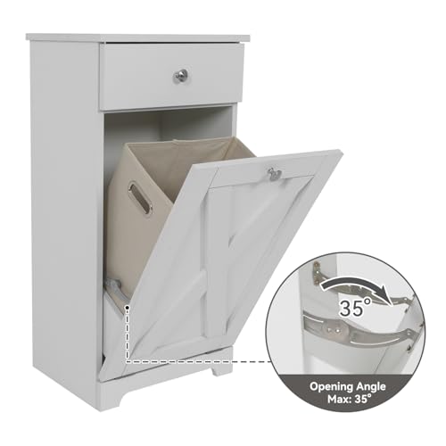 Puluomis Tilt Out Laundry Hamper Cabinet-Free Standing Kitchen Bathroom Laundry Cabinet-Wooden Bathroom Storage Cabinet with Drawer-White