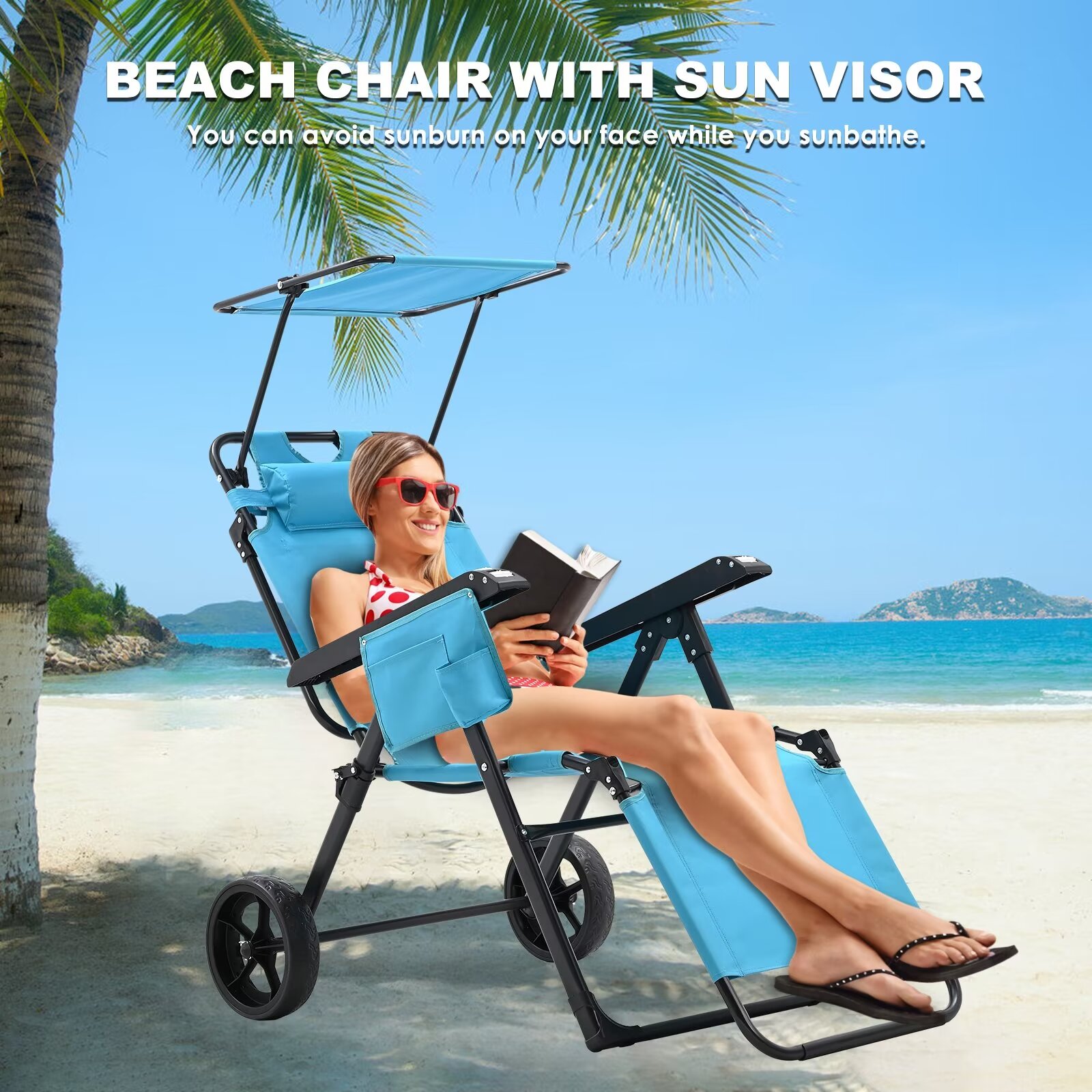 MOPHOTO Canopy Beach Chair Support 300bls, 2 in 1 Beach Cart Chair with Large Wheels, Outdoor Sunbathing Folding Beach Tanning Chair Sun Chair with Shade, Perfect for Beach, Backyard, Pool