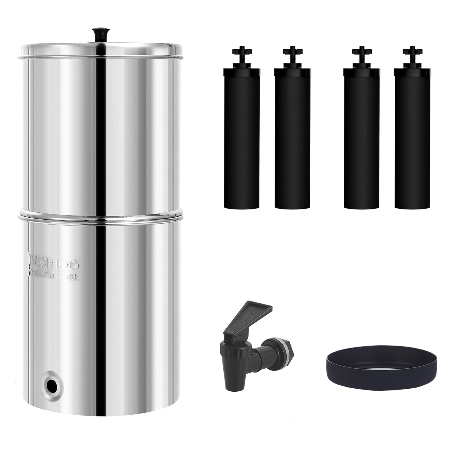 Gravity-fed Water Filter System, 1.5-Gallon Stainless Steel Countertop System with 4 Black Filters and Spigot, Reduces 99% Chlorine, King Tank Series