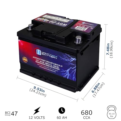Mighty Max Battery MM-H5 Start and Stop Car BCI Group Size 47 12V 60 AH, 100RC, 680 CCA Rechargeable AGM Car Battery