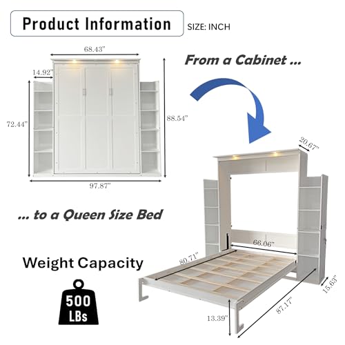 Queen Size Murphy Bed Wall Bed with 2 Side Cabinet Storage Shelf & Desk Combo,68-inch Vertical Wall Bedframe w/Can Be Folded for Bedroom Guest Room Small Space, White