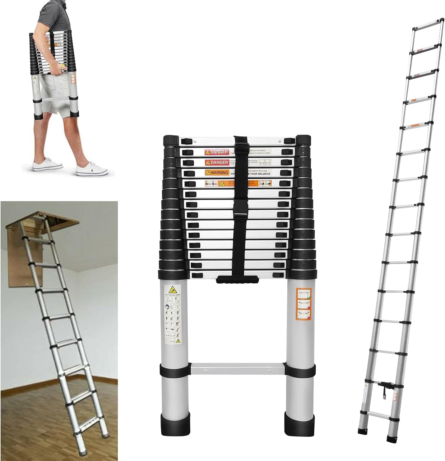 Telescoping Ladder, 14.4 FT Aluminum Lightweight Extension Ladder, Telescopic Ladders for Outdoor Indoor Use, Multi-Purpose Ladder for Household Daily or Hobbies, Heavy Duty 330 Pound