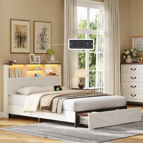 Twin Bed Frame with Bookshelf, Bookcase High Headboard with Charging Station and LED Light, Farmhouse Bed with Storage Drawers, No Box Spring Needed, Noise Free, Easy Assembly, Antique White