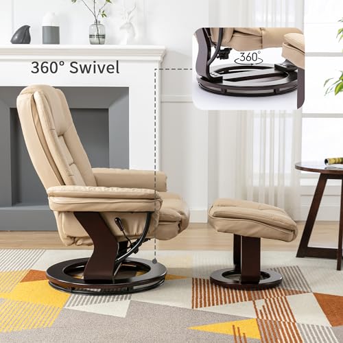 Swivel Recliner Chair with Ottoman Footrest Leather Adjustable Stressless Armchair, Beige