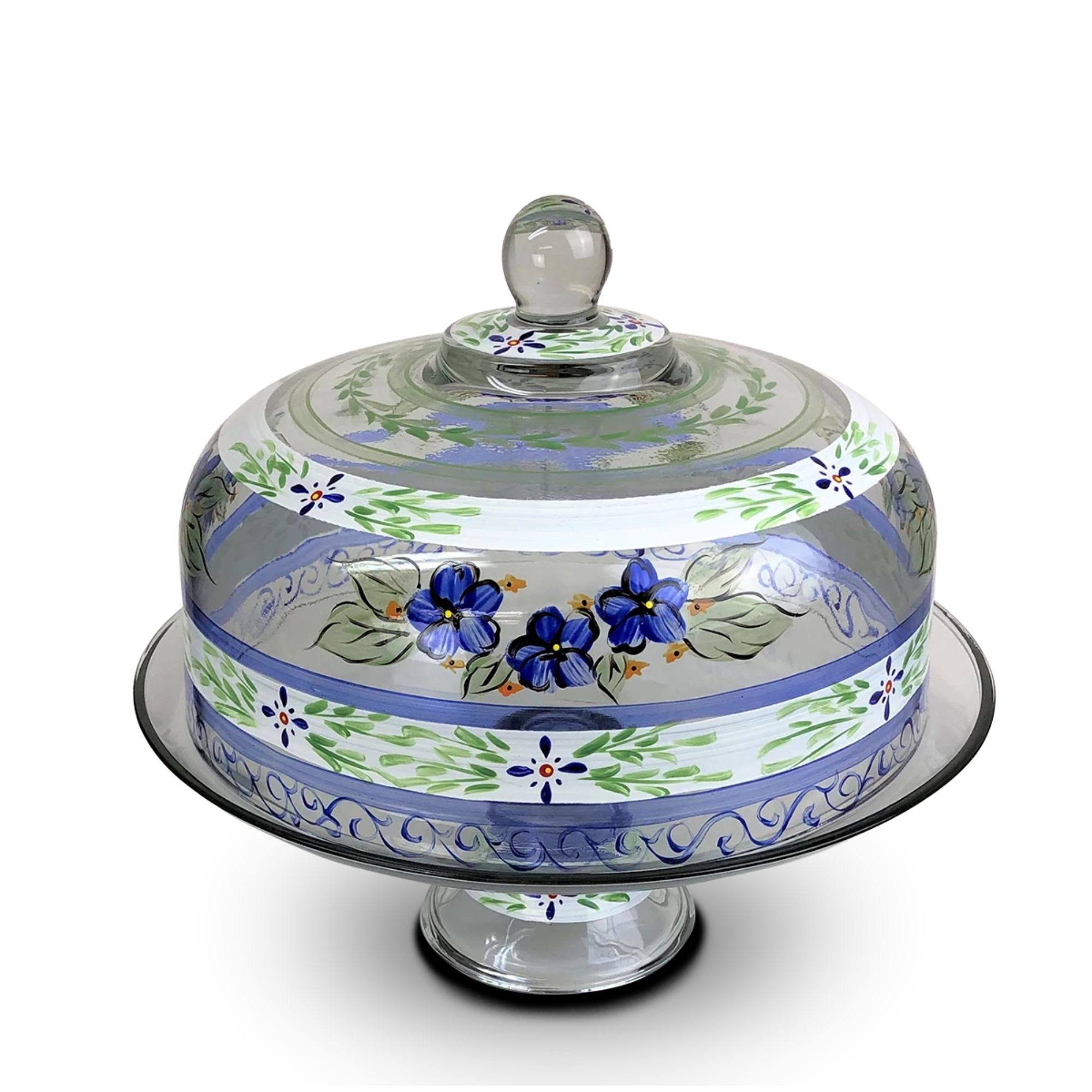 Blue Floral Hand Painted Glass Large Convertible Cake Dome 11x22