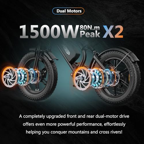 Electric Bike for Adults, 750W/1500W Peak Motor Ebike, 48V 15Ah Removable Battery, 60 Miles (PAS), 20"x4.0" Fat Tire, Full Suspension, 7-Speed Gears Shifter- Commuter & Off-Road E-Bike