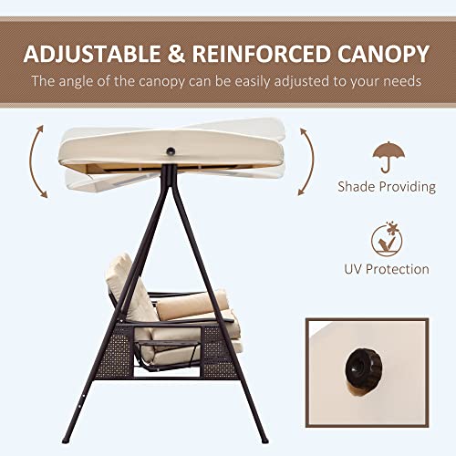 Outsunny 3-Seat Patio Swing Chair, Outdoor Porch Swing Glider with Adjustable Canopy, Removable Cushion, Pillows and Side Trays, for Garden, Poolside, Backyard, Brown