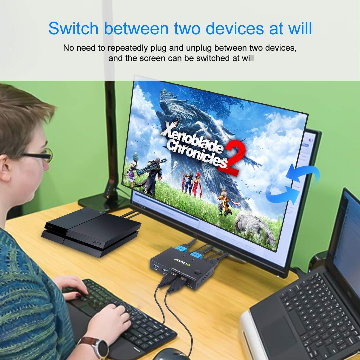 KVM Switch HDMI 2 Port Box, AIMOS USB and HDMI Switches 4 USB Hub, UHD 4K@30Hz, for 2 Computers Share Keyboard Mouse and one HD Monitor, with 2 HDMI Cables and 2 USB Cables