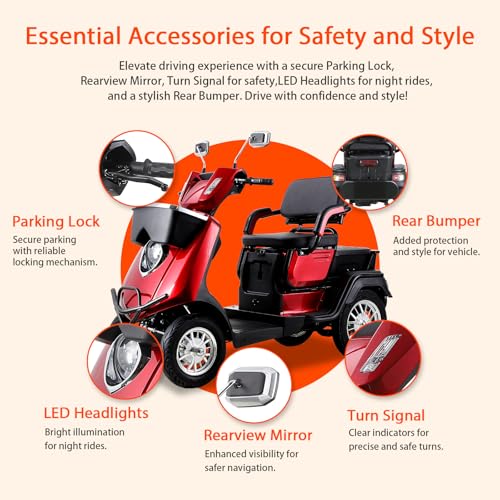 Mobility Scooters for Seniors & Adults 500lbs Capacity - Heavy Duty 4 Wheel Electric Powered Mobility Device, Double Seat Mobility Scooter for Travel, Remote Key (Orange)