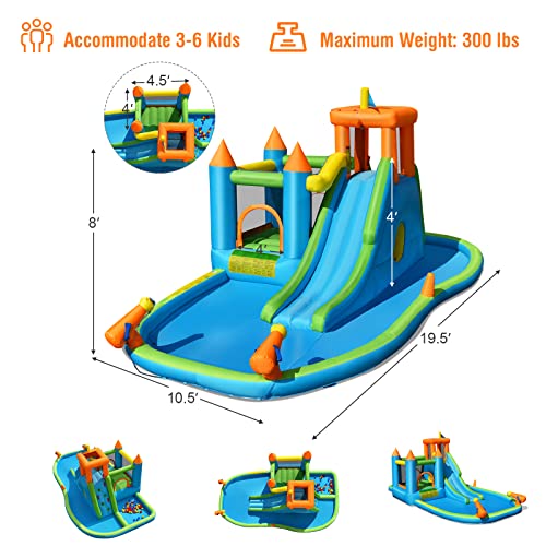 HONEY JOY Inflatable Water Slide, 19x17FT Large Water Park w/Dual Long Slides & Climbing Walls, 2 Soccer Gates & Canons, Giant Splash Pool, Blow up Water Slides Inflatables for Big Kids, 950w Blower