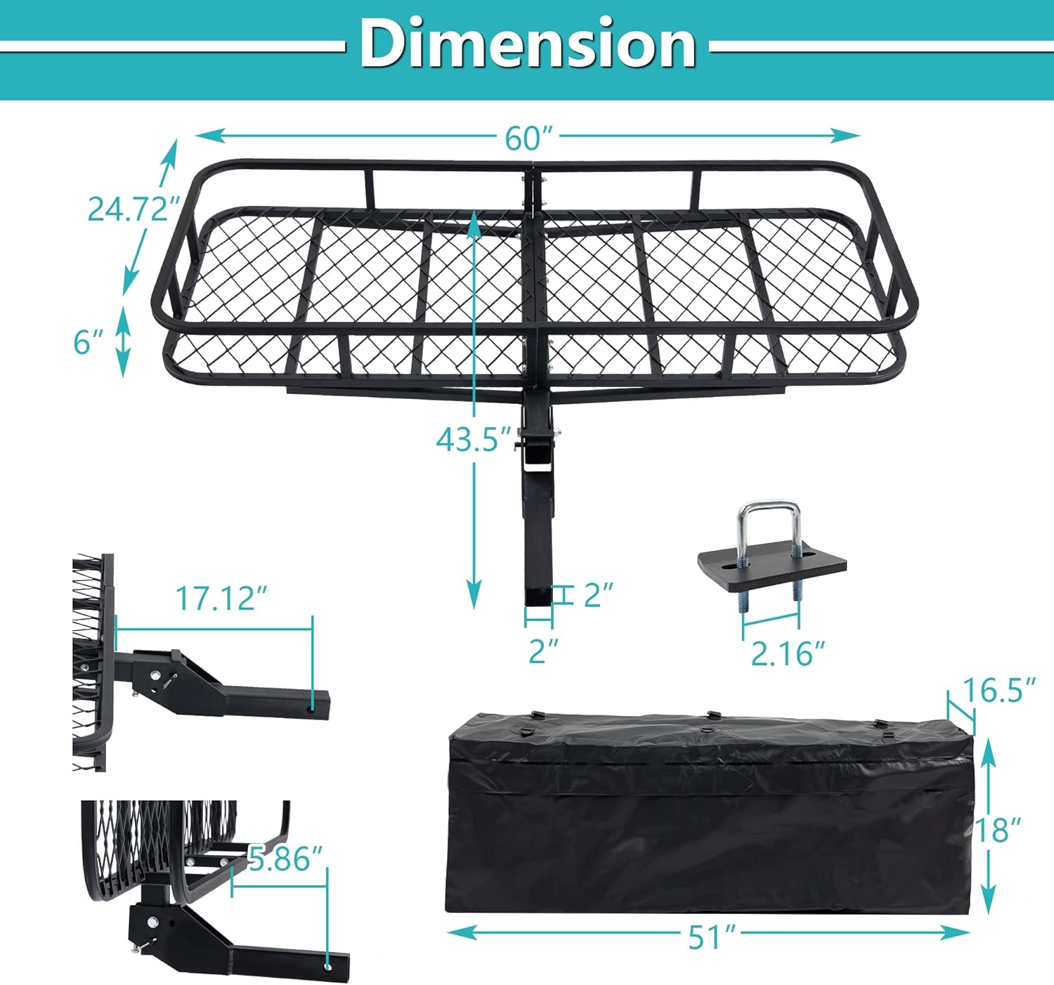 Cargo Rack Carrier with Folding Basket Designed in Reflectors,Car W/a Hitch Stabilizer and 2 Rainproof Ratchet Straps,for Outdoor,Transport,Black