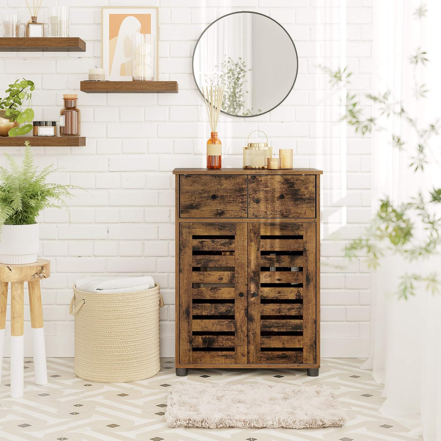 VASAGLE Bathroom Cabinet, Storage Cabinet, Floor Cabinet, 23.6 x 11.8 x 32.3 Inches, with 2 Louvered Doors, Drawer, Adjustable Shelf, for Living Room, Kitchen, Rustic Brown UBBK141X01
