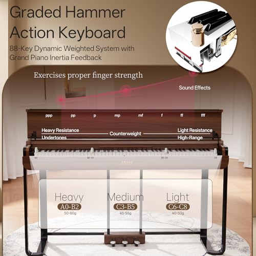 AKLOT Modern Weighted Keyboard Piano: 88-Key Graded Hammer Action Digital Piano, ​Silent Soft-Fall Cover, U-Stand, Triple Pedal, MIDI, Headphone, Beginner Lesson Book (AUR-LS03 Satin Walnut)