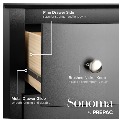 Prepac Sonoma 6 Drawer Dresser for Bedroom, Tall Chest of Drawers, Bedroom Furniture, Clothes Storage and Organizer, 19" D x 23.25" W x 52.75" H, Black