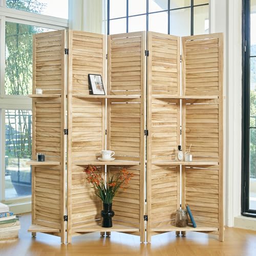 Room Divider with Shelves, 5.6 Ft Tall Folding Wood Screen with Double Hinges for Home Office Bedroom Hotel Decoration (6 Panels, Brown)