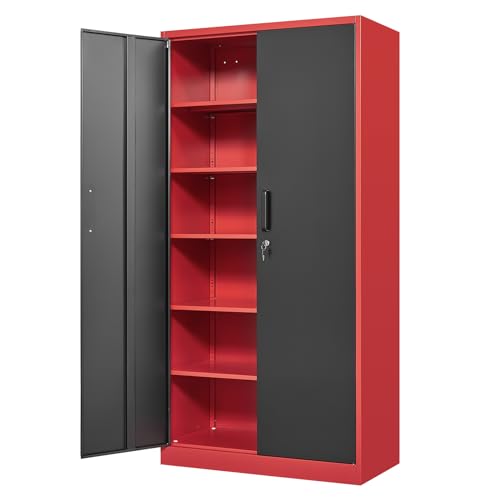 Yizosh Metal Garage Storage Cabinet with 2 Doors and 5 Adjustable Shelves - 71" Steel Lockable File Cabinet,Locking Tool Cabinets for Office,Home,Garage,Gym,School (Gray White)