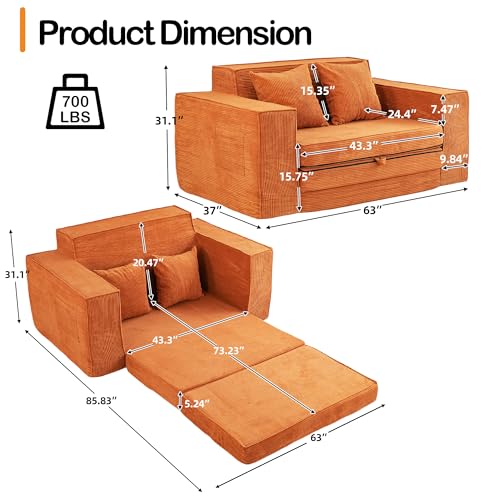 HOMREST 76" Convertible Memory Foam 3-seat Sofa, Pull Out Sleeper Sofa Bed, 2 in 1 Folding Couch Bed, Fold Out Floor Couch Corduroy Fabric with 3 Pillows for Living Room Bedroom Lounge (Grey)