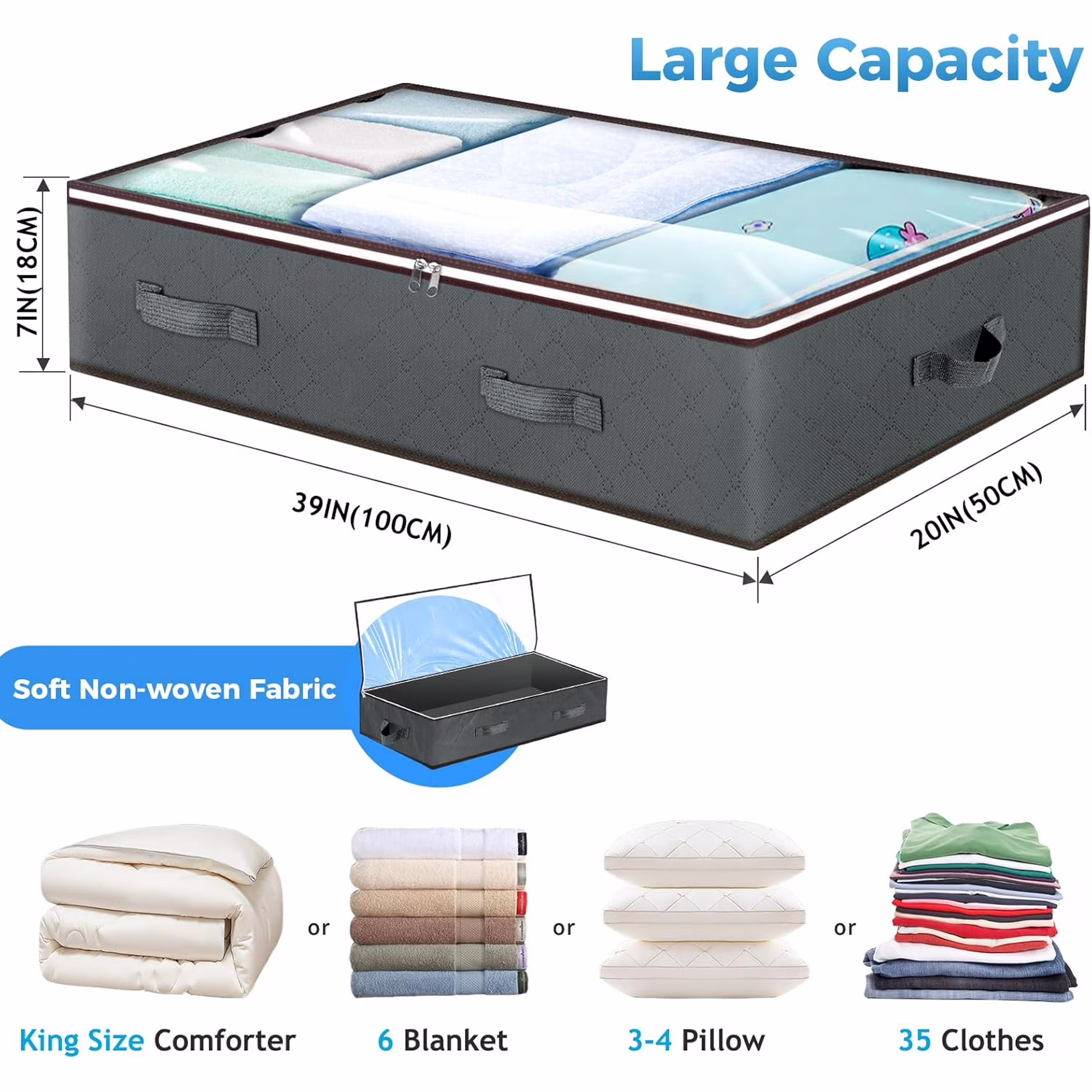 90L Under Bed Storage Containers, Foldable Storage Bins with  Window for Blankets, Clothes, Linens,