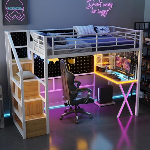 Full Size Loft Bed with Desk and Stairs,Metal Gaming Loft Bed Full with Wardrobe and Shelf, High Loft Bed with LED & USB Charging Station for Teens, Adults, Space Saving Design,Black