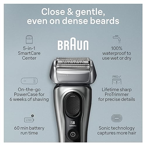 Braun Series 8 8577cc Electric Razor for Men, 4+1 Shaving Elements & Precision Long Hair Trimmer, 5in1 SmartCare Center, Close & Gentle Even on Dense Beards, PowerCase for Mobile Charging, Wet & Dry