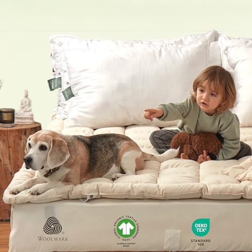 Organic Merino Wool Pillow Top Mattress Topper - 2", Handmade, Non-Toxic, Naturally Cooling Mattress Pad for Back Pain, Hypoallergenic, GOTS-Certified, Sustainable Bedding Solution (Queen)