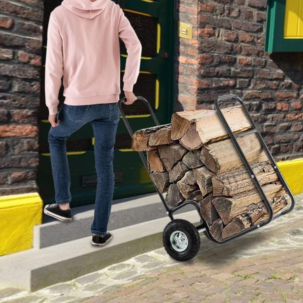 ROVSUN Firewood Cart Wood Hauler Fireplace Log Carrier Mover, Outdoor Indoor Wood w/ Rolling Wheel Dolly Storage Holder