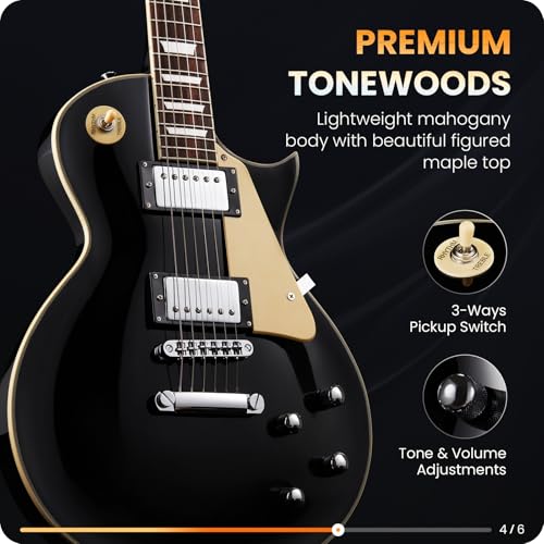 Fesley LP Electric Guitar with Arched Top:39" Solid Body Electric Guitars with Mahogany Body and Rosewood Fretboard,Electric Guitar with Humbucker Pickups, Guitarra Eléctrica with Alice String,Gold