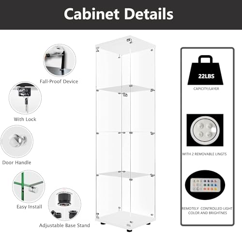 4-Tier Glass Display Cabinet with Metal Lock, 5mm Tempered Glass Curio Cabinet Collection Display Case, Floor Standing Glass Curio Cabinet Showcase,16.7" W x 14.3" D x 64.5" H