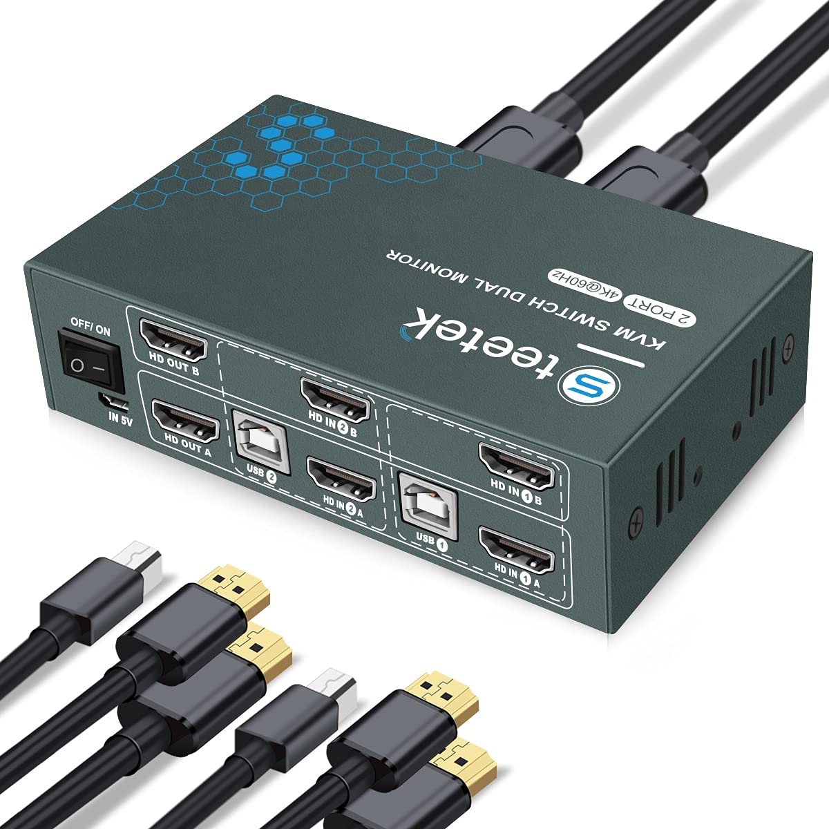 KVM Switch HDMI Dual Monitor Extend Display, UHD4K@60Hz, YUV 4:4:4, 2 Computers Share 2 Monitors and one set Keyboard Mouse, 4 USB 2.0 ports, HDCP2.2, one Button Switch with 4 HDMI and 2 USB Cables