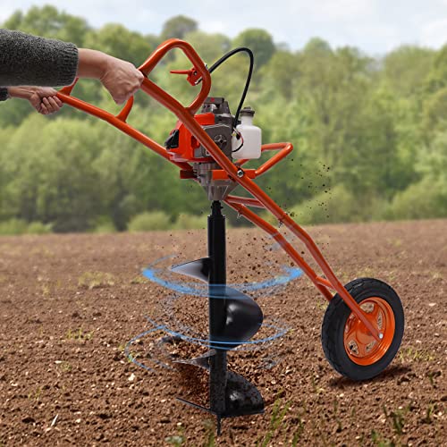 63CC Post Hole Digger 3HP Gas Powered Earth Auger Borer Ground Drill Gasoline Earth Auger Wheelbarrow with 11" Bit for Fence Ground Drill Garden Tree Planting (Red)