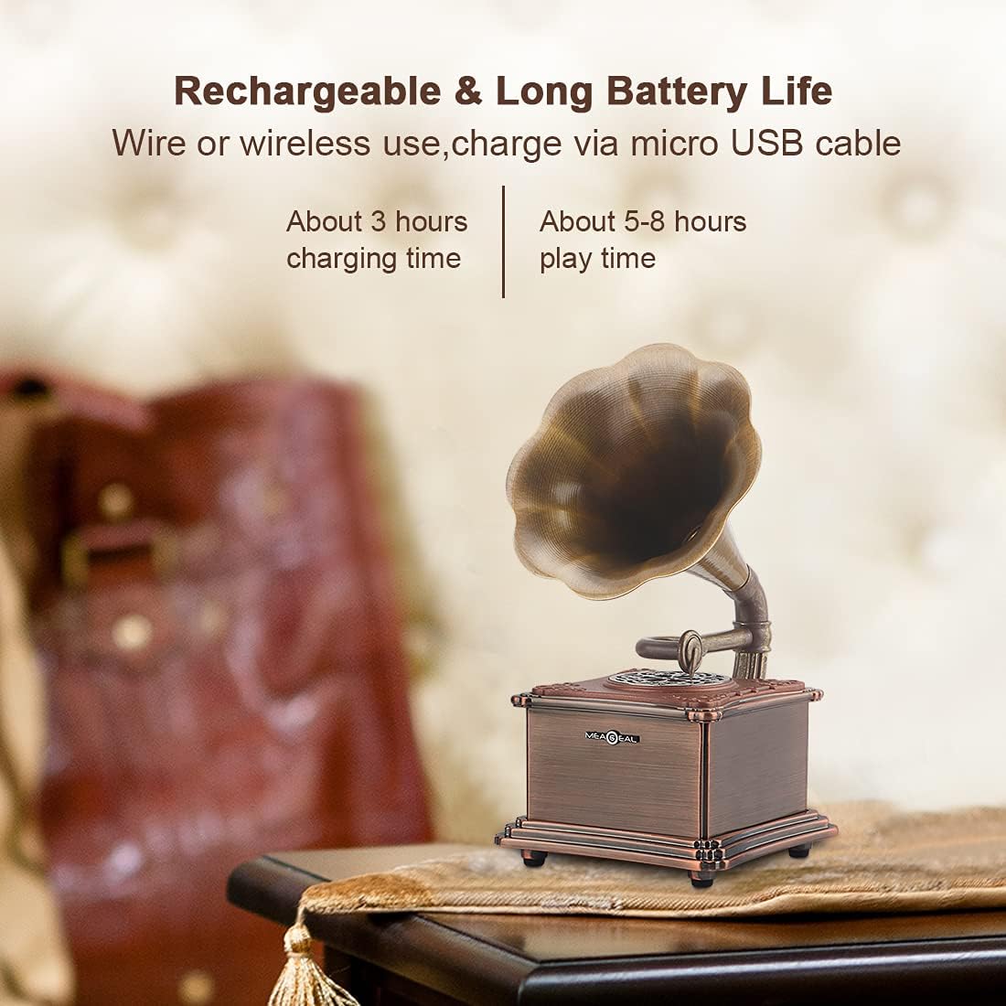 MEAGEAL Mini Retro Bluetooth Speaker, Vintage Metallic Gramophone Shape USB Wireless Speaker Phonograph Shape with Stereo Sound, Copper Horn,Aluminum Body,3.5mm Aux,TF Card…
