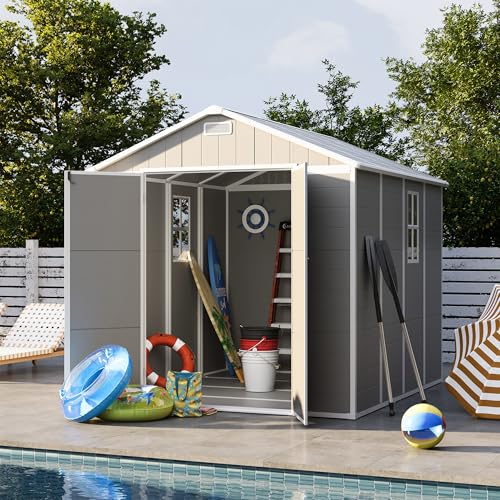 UDPATIO Outdoor Storage Shed 6 x 6 FT, Resin Garden Sheds with Floor Plastic Patio Outdoor Storage Shed with Lockable Door for Tool, Bike, Garbage Gray White