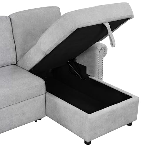 L Shaped Convertible Sleeper Sectional Sofa w/Storage Chaise Lounge & Pull-out Bed, Velvet Upholstered Couch with Nail-head Trim for Living Room, Home, Apartment, Gray