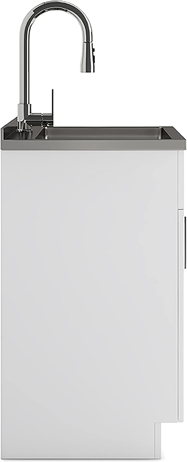 SIMPLIHOME Modern Wide Shaker Transitional 28 Inch Laundry Cabinet with Faucet and Stainless Steel Sink in White, For the Laundry Room and Utility Room