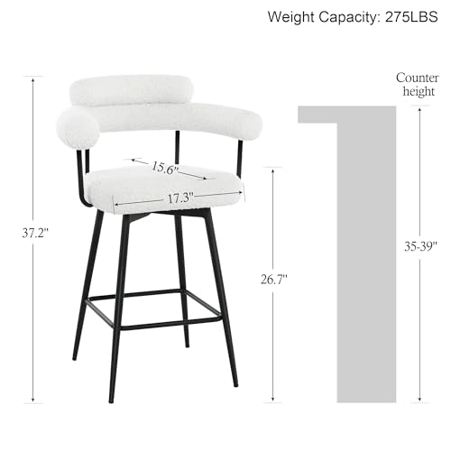 ONEVOG 27 inch Swivel Counter Stools, Beige Modern Counter Height Bar Stools Chairs with Curved Back and Arms, Comfy Fabric Barstools for Kitchen Island, Set of 2, Metal Leg