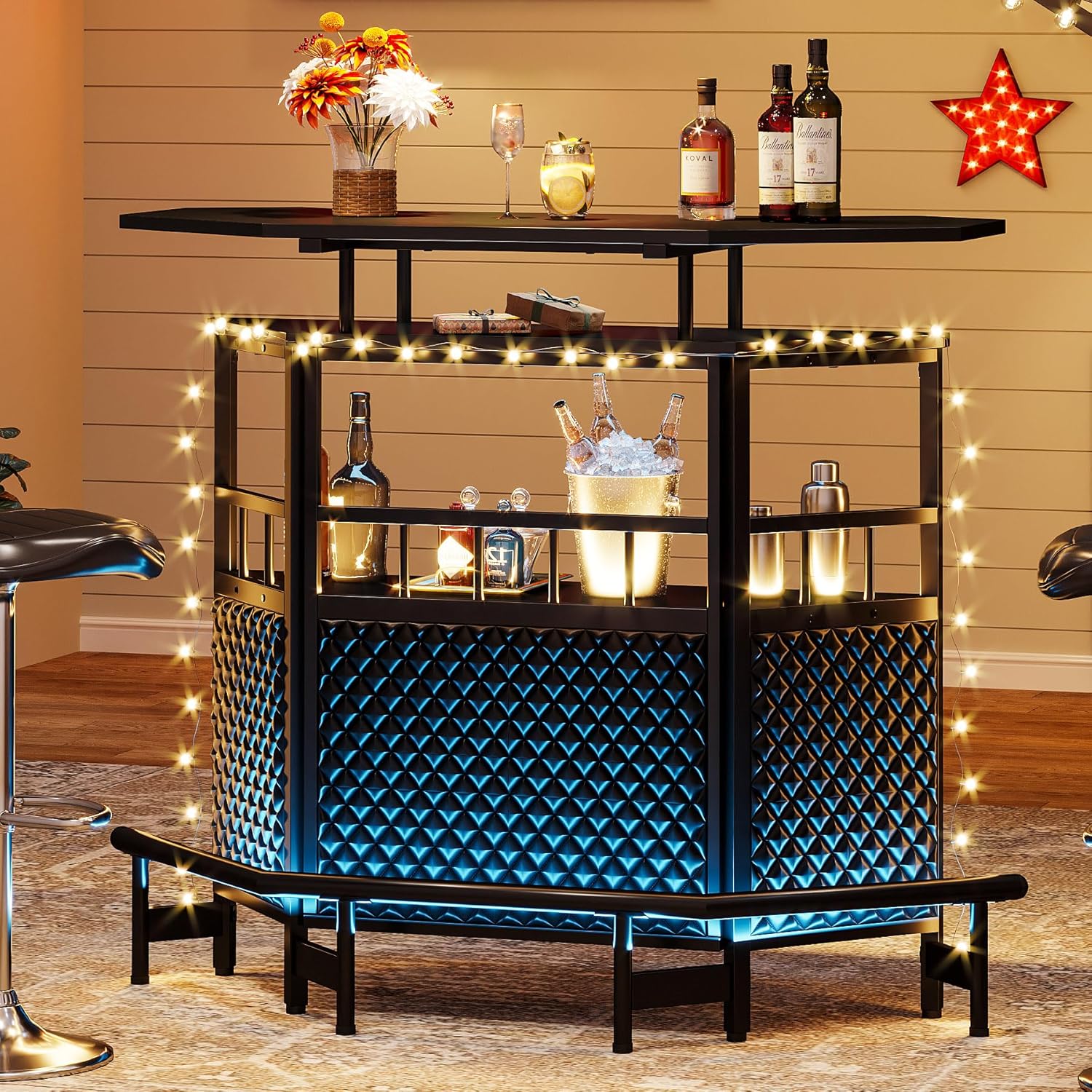 Bar Unit for Liquor, 4 Tier Home Bar Cabinet with Stemware Rack, Storage Shelf and Footrest, 47.24" L x 20.86" W x 43.3" H, Black